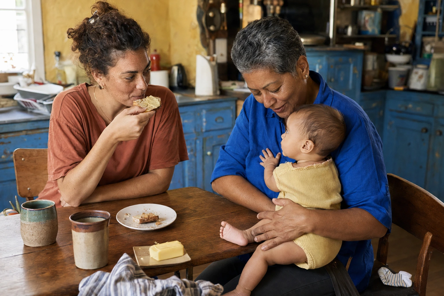 At a kitchen table, a woman eats toast while an older woman in a blue shirt holds a baby on her lap. Mismatched mugs, crumbs and a butter dish sit between them.